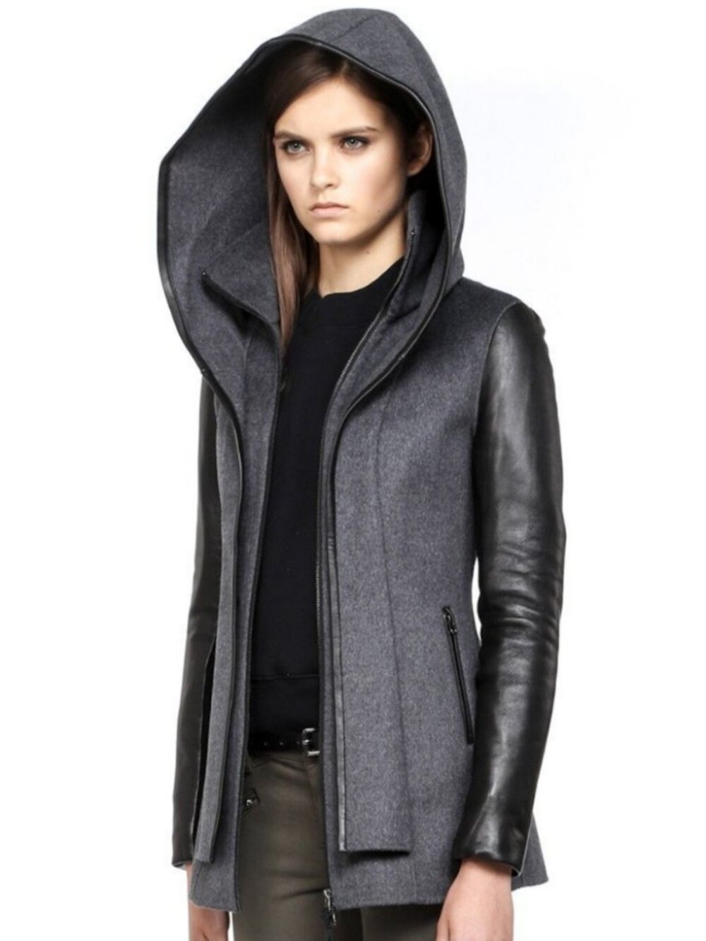 Mackage Edith Leather Wool Winter Jacket Peacoat Hooded Coat Canadian Designer